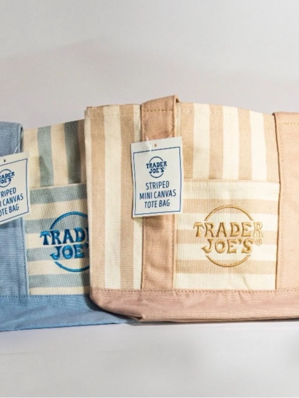 Trader Joes Mini Canvas Tote Grocery Shopping Bag Striped Blue & Tan Set 2 NEW